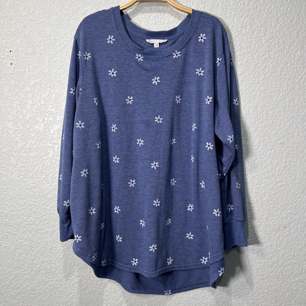 Jane Delancey Top Women 1X Blue Floral Embroidered High-Low Back Pleat Pullover